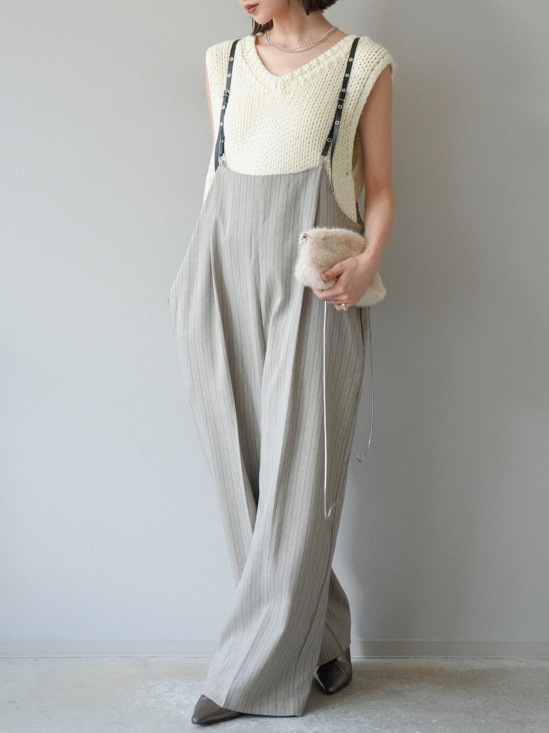 [予約]ヘリンボーンストライプサロペット/グレージュ