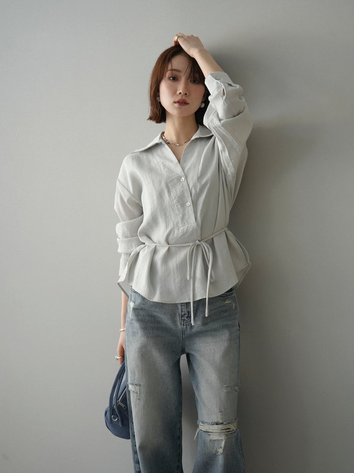 [SET]Vネック変形ラインシャツ+ダメージデニムセミワイドパンツ(2set)