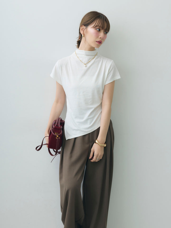 [SET]ヘムアシメバックボタンデザインフレンチトップ+クレープデシンタックワイドパンツ(2set)