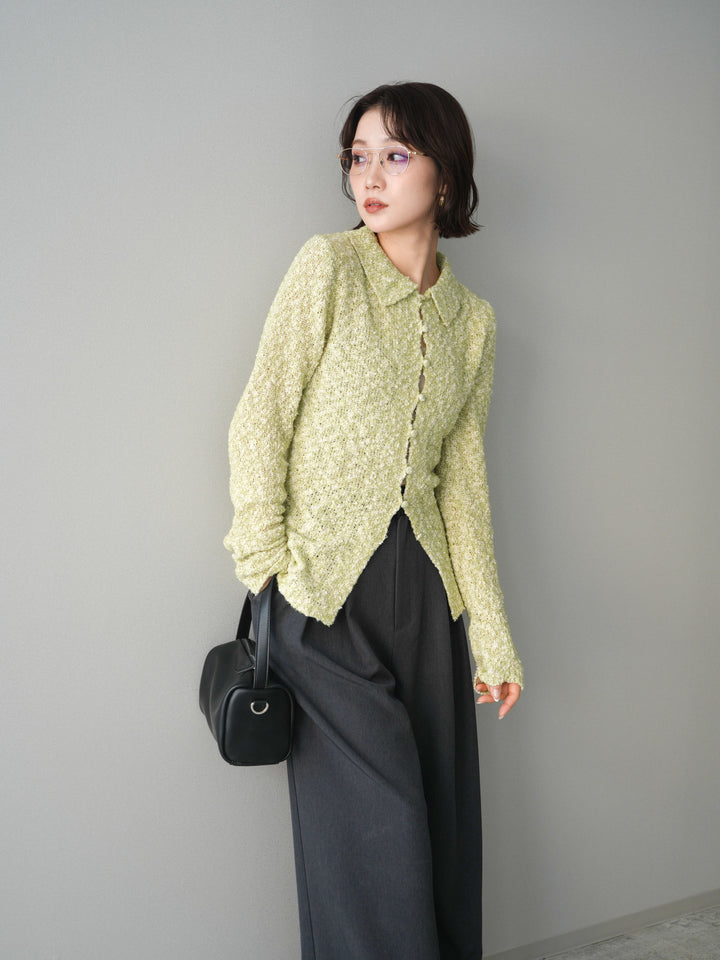 [SET]透かし編みブークレポロニットトップス+サテンベルトタックワイドパンツ(2set)