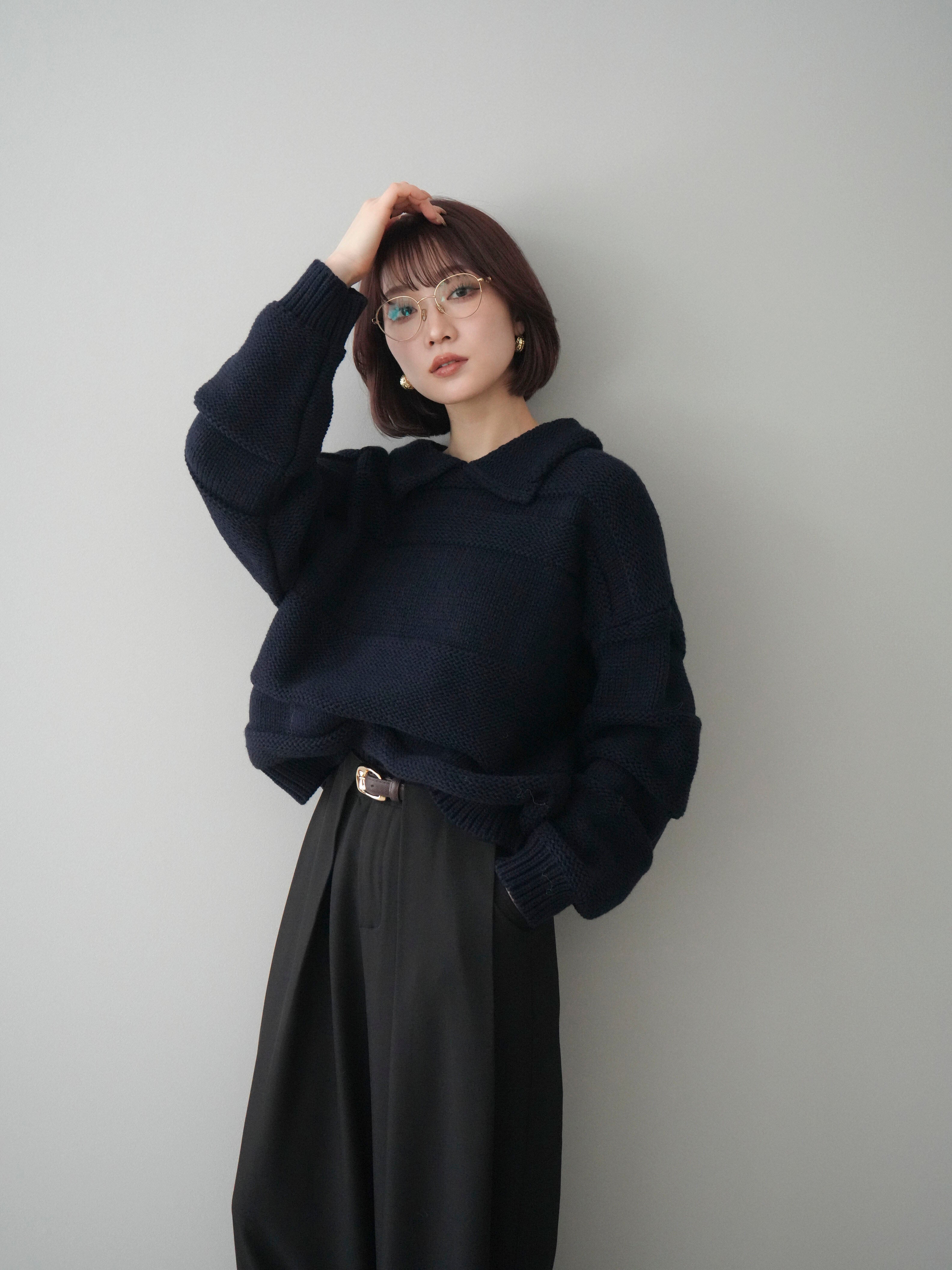 予約]襟付きボーダー編みニットプルオーバー/navy – Lumier