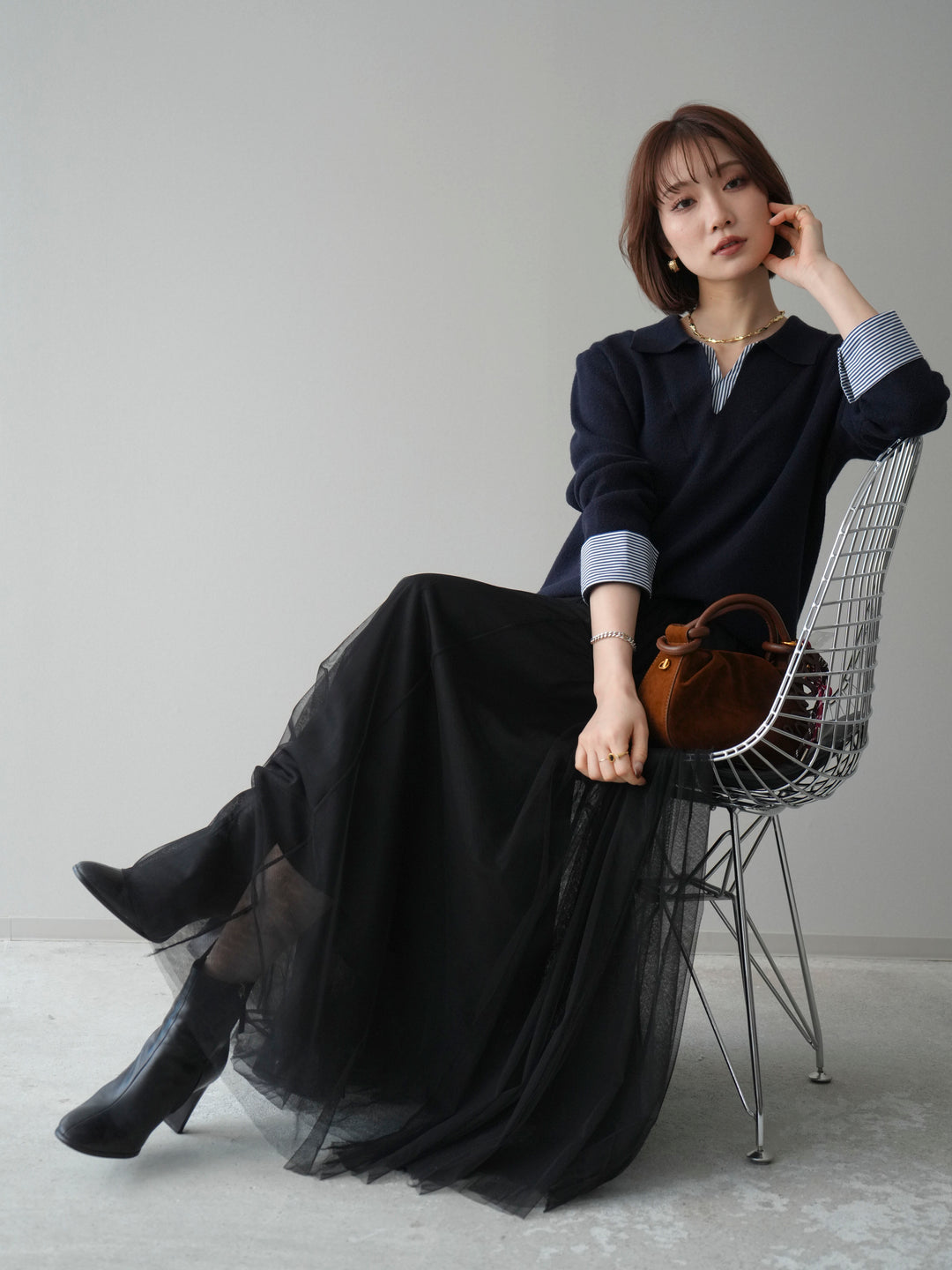 [予約]シャツレイヤードスキッパーニットプルオーバー/navy