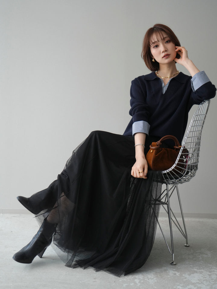 [予約]シャツレイヤードスキッパーニットプルオーバー/navy