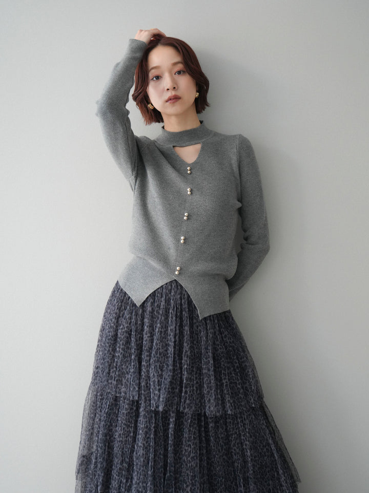 [予約]チョーカーデザインボタンリブニットトップス/gray