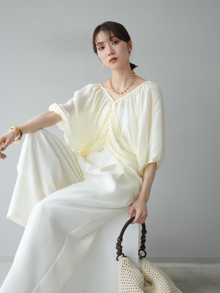 [SET]ボリュームスリーブシアータックブラウス+リネンライクイージーワイドパンツ(2set)