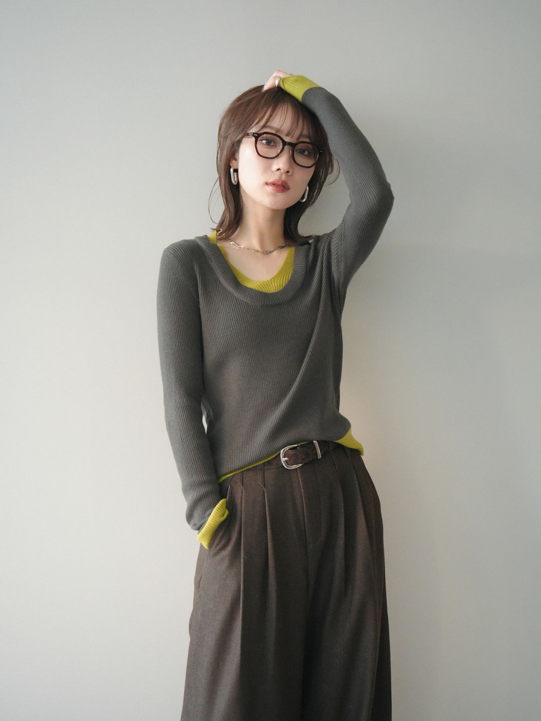 [予約]Uネック配色レイヤードリブニットトップス/gray