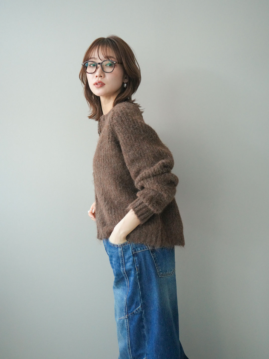 [予約]MIXヤーンモヘアタッチZIPニットカーディガン/brown