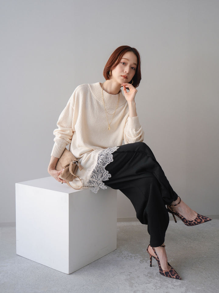 [SET]アシンメトリーレースヘムニットプルオーバー+2WAYデザインスウェットパンツ(2set)