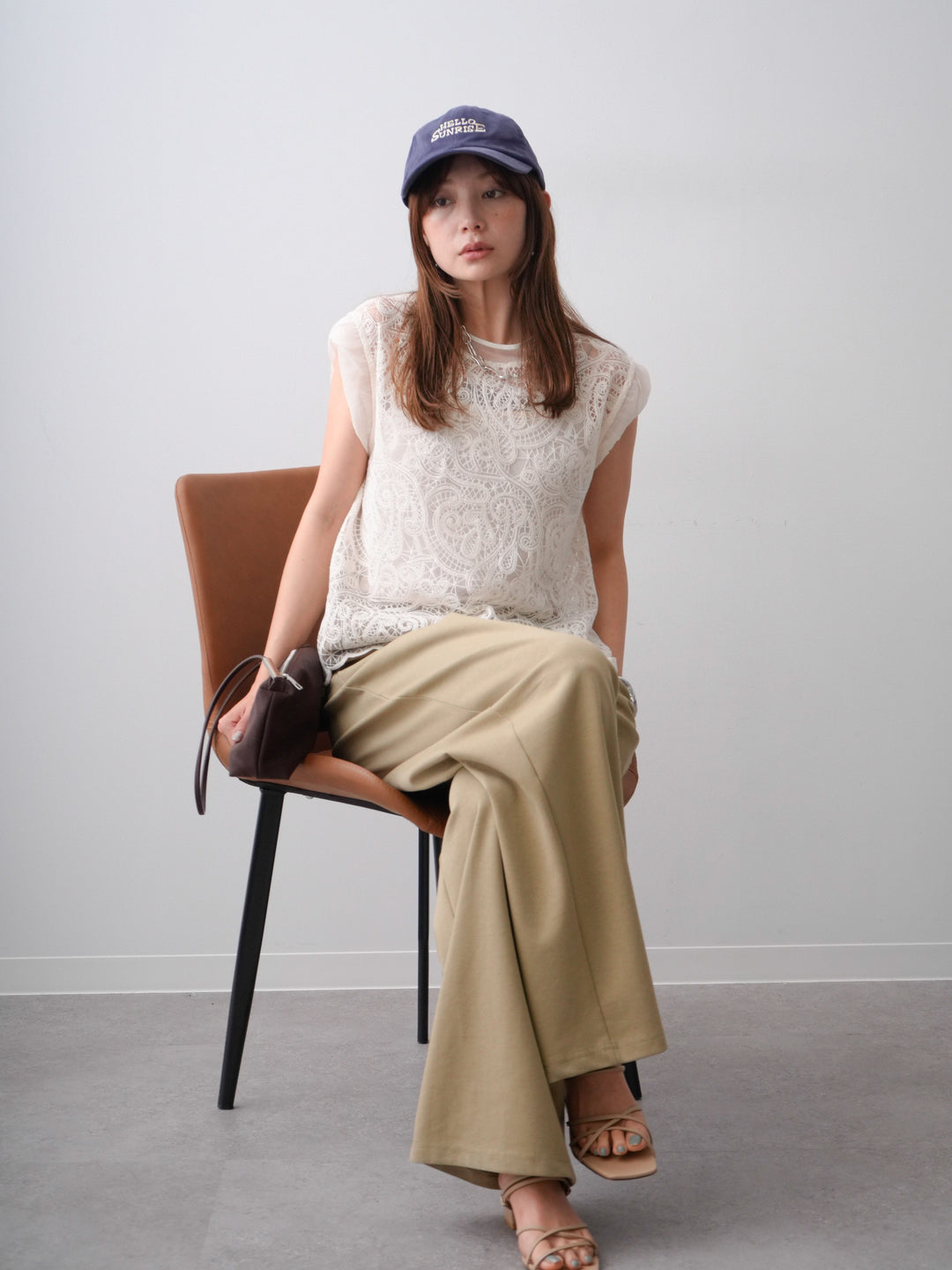 [SET]スカラップヘムレーストップス+リラックスドレープスウェットパンツ(2set)