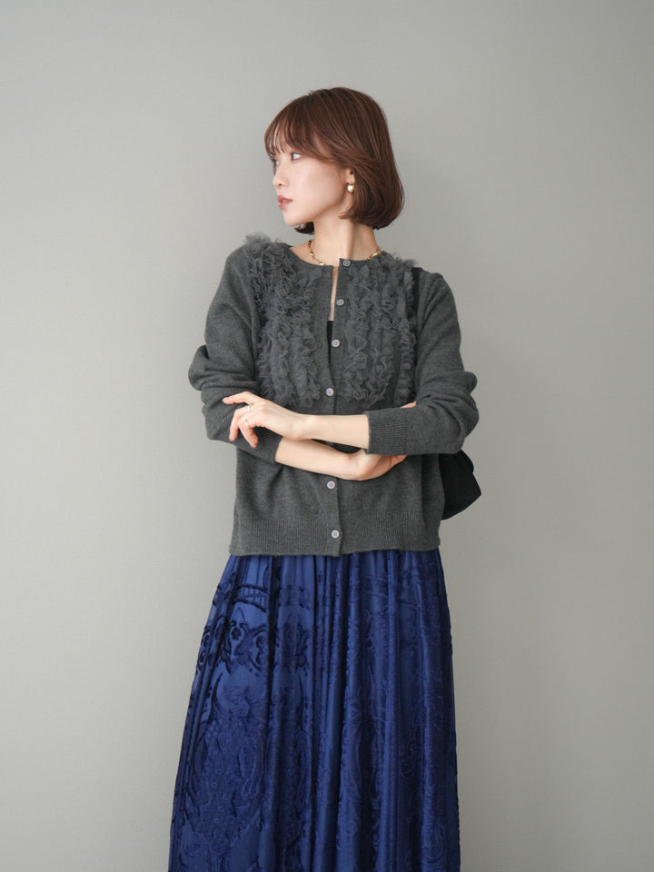 [SET]チュールフリルニットカーディガン+アンティーク柄フロッキーマキシスカート(2set)