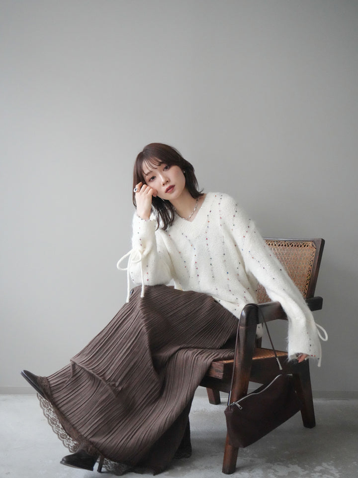 [SET]キャンディースリーブカラーネップスパンコールニットプルオーバー+裾レーススウェードプリーツマキシスカート(2set)