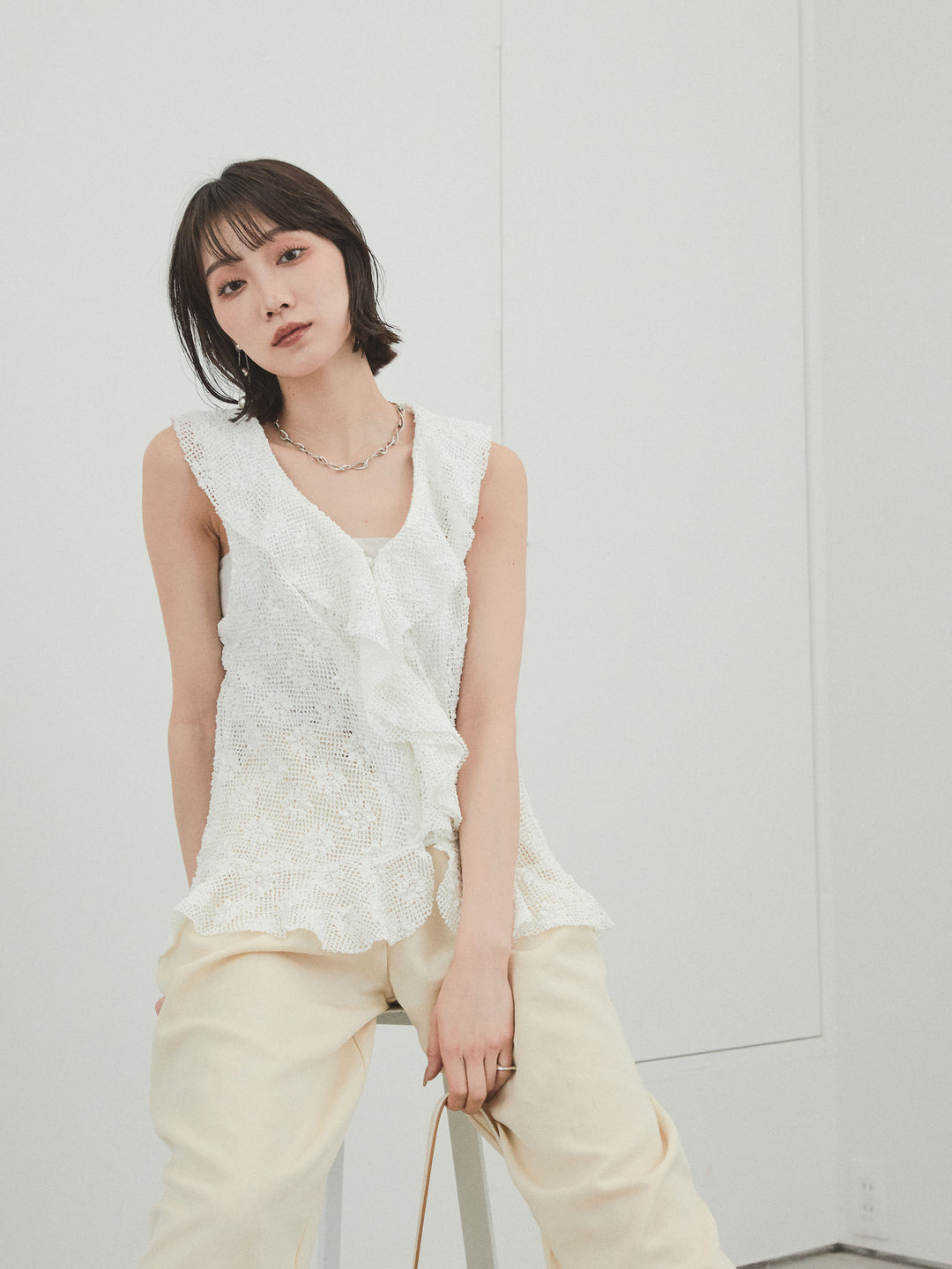 [SET]テープヤーンラッフルノースリトップス+リネンタッチタックワイドパンツ (2set)