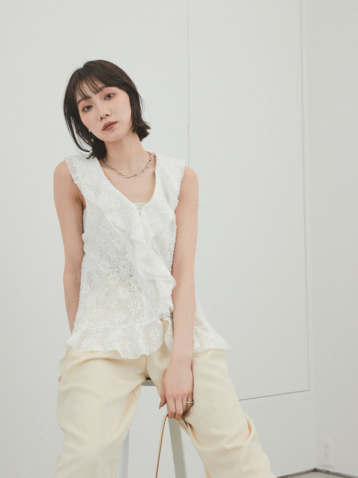 [SET]テープヤーンラッフルノースリトップス+リネンタッチタックワイドパンツ (2set)