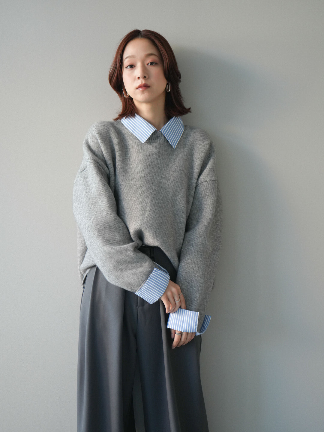 [SET]2WAYストライプ襟ニットプルオーバー+ベルトループデザインワイドパンツ(2set)