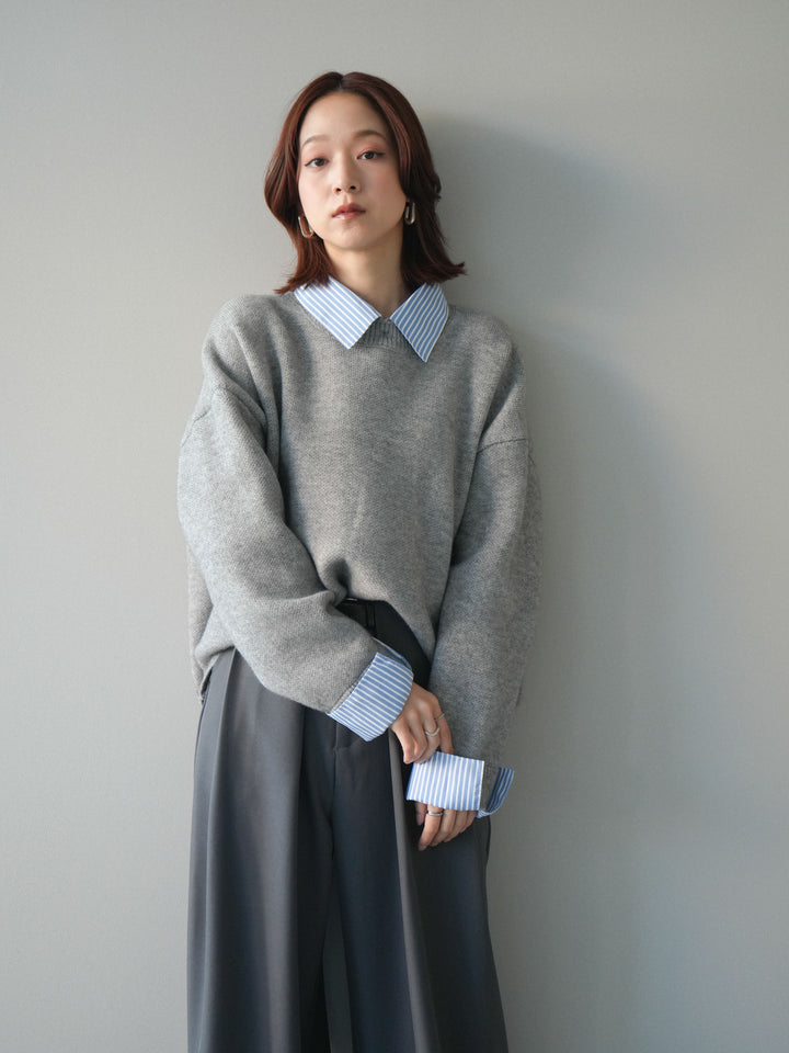 [SET]2WAYストライプ襟ニットプルオーバー+ベルトループデザインワイドパンツ(2set)