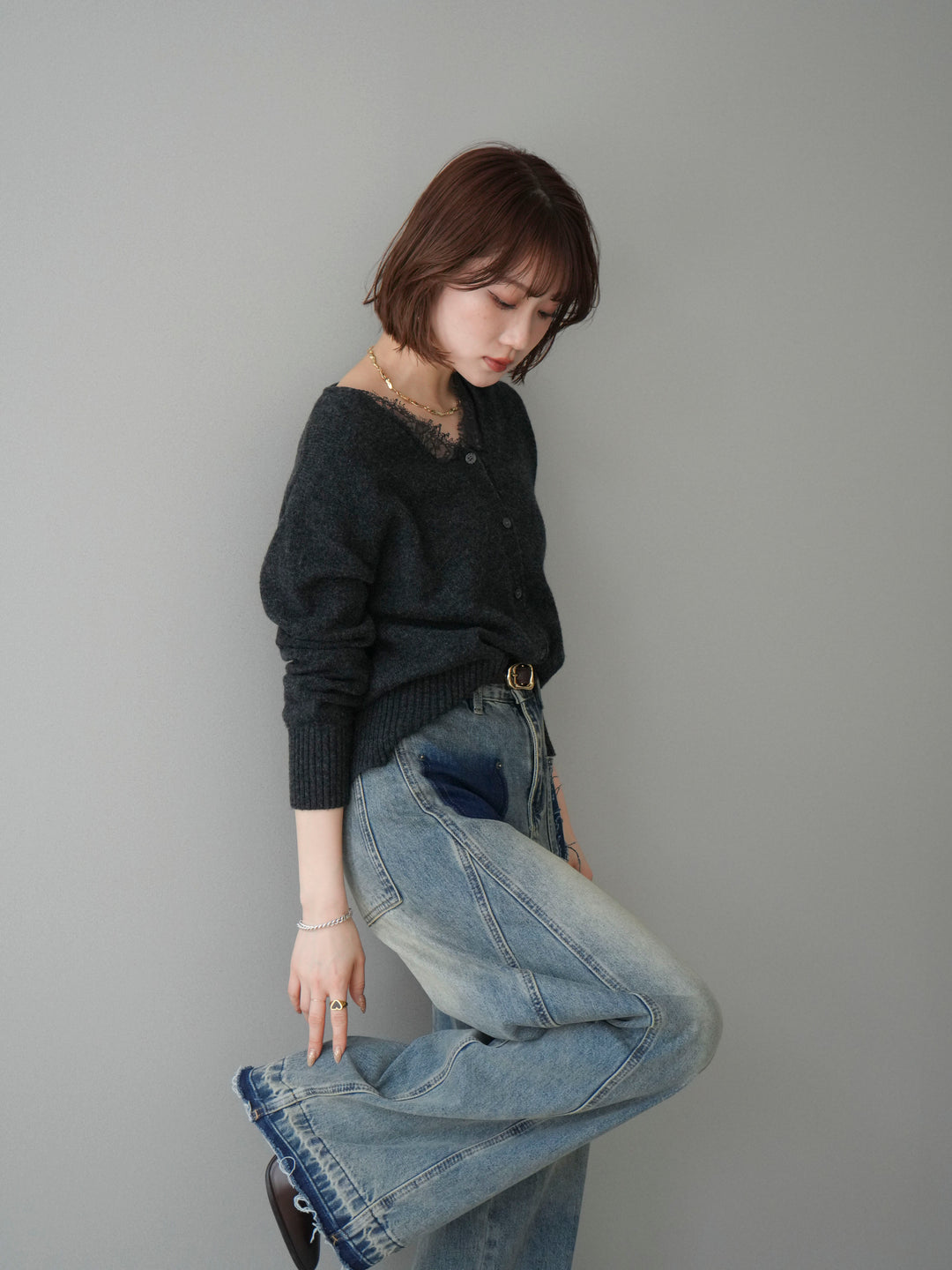 [SET]レースネックニットカーディガン+染めデザインポケットデニムパンツ(2set)