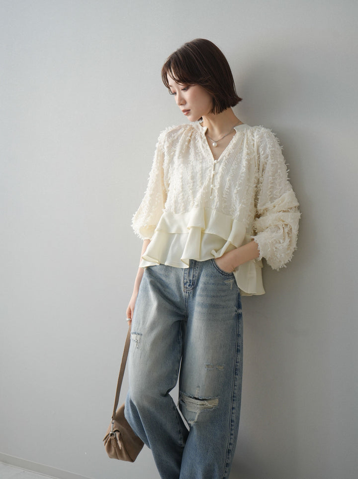 [予約]ジャガードぺプラムフリルブラウス/ivory