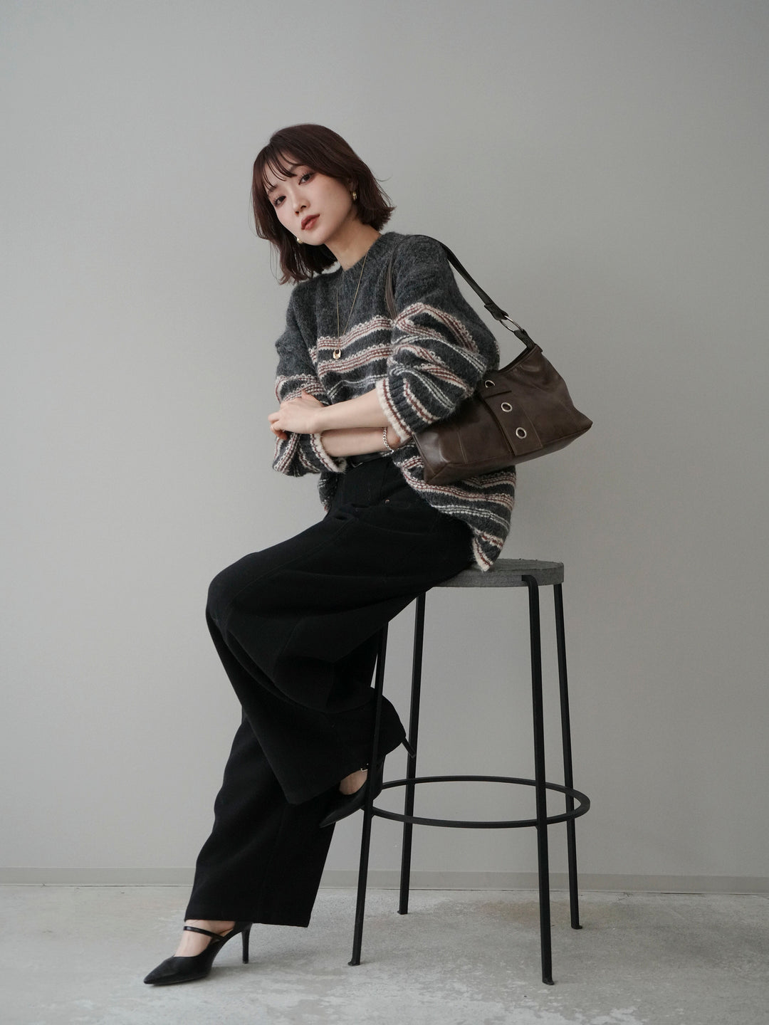 [SET]ステッチボーダーニットプルオーバー+ベルト付起毛コクーンパンツ(2set)