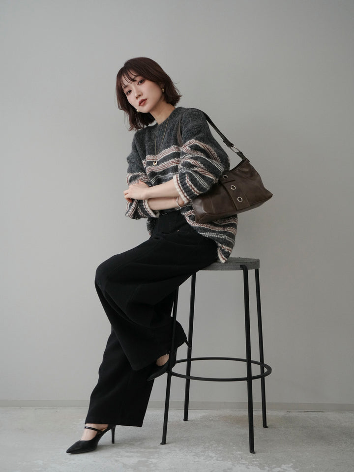 [SET]ステッチボーダーニットプルオーバー+ベルト付起毛コクーンパンツ(2set)