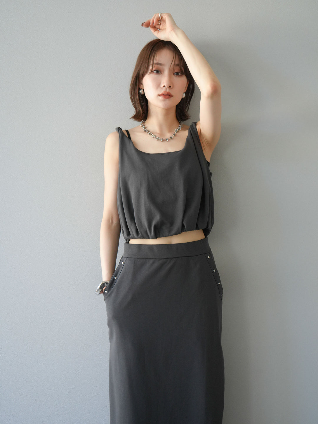 [SET]ミニ裏毛ツイストキャミバルーントップス＆Iラインスカート(2set)