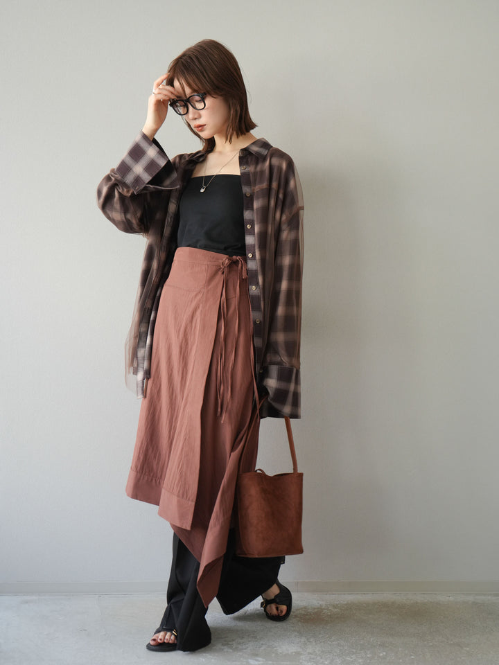 [予約]チュールドッキングチェック柄オーバーサイズシャツ/ブラウン