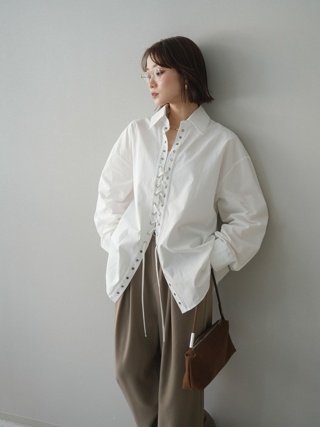 [SET]レースアップブロードシャツ+ベルト付キーホルダーモチーフワイドパンツ(2set)