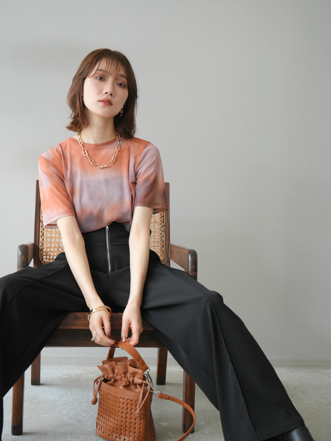 [予約]タイダイ柄シアーハーフトップス/オレンジ