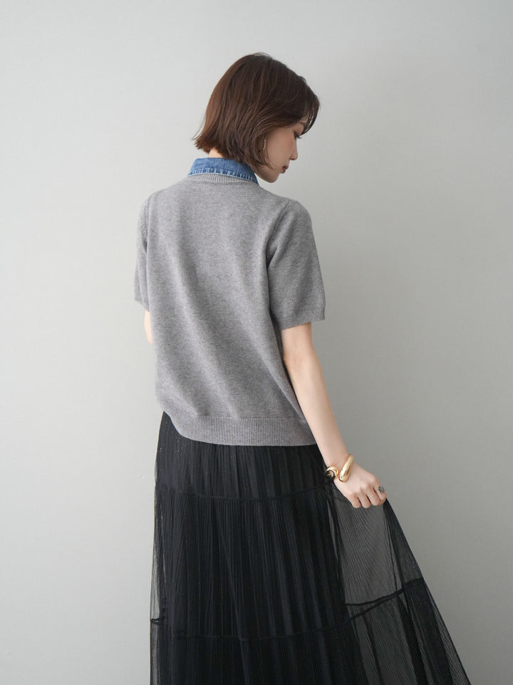 [予約]デニム襟ボタンハーフスリーブニットプルオーバー/gray