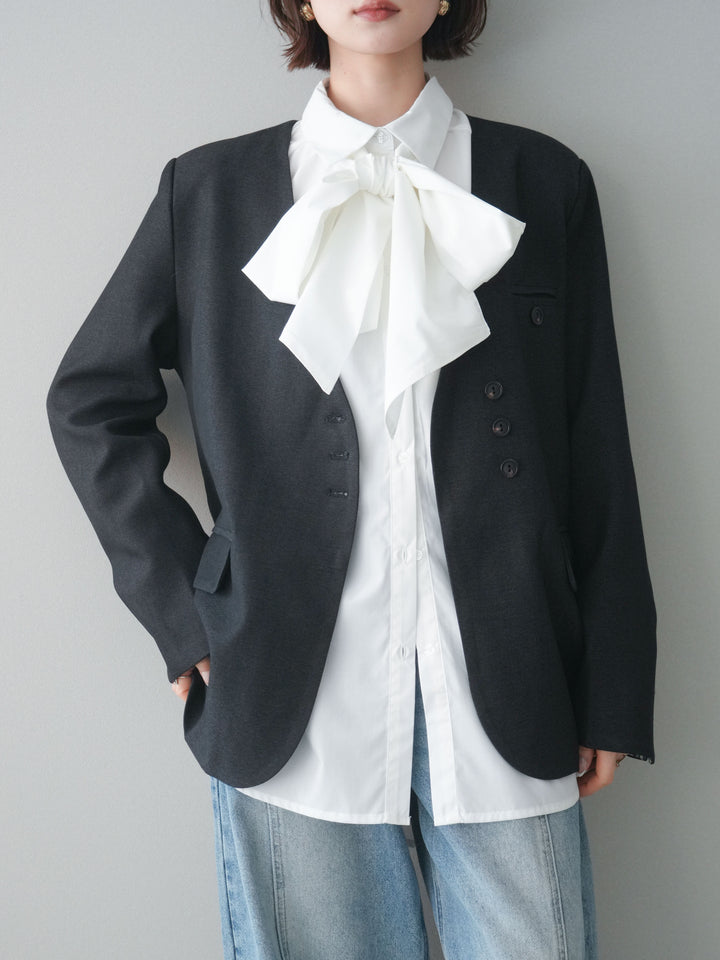 [SET]ノーカラージャケット+ボウタイ付オーバーシャツ+ガーメントウォッシュカーブデニムパンツ(3set)