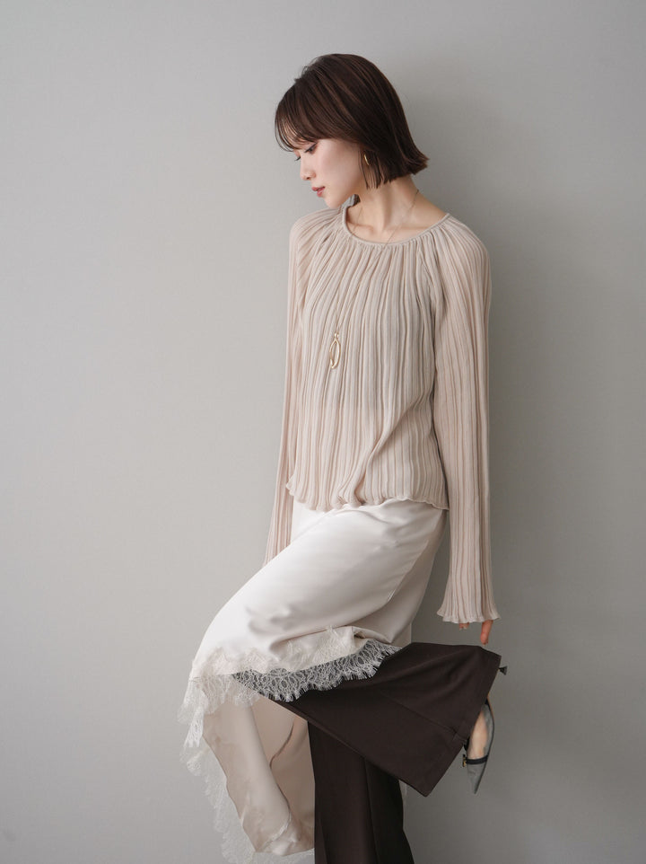 [予約]プリーツシアーフレアスリーブニットトップス/beige