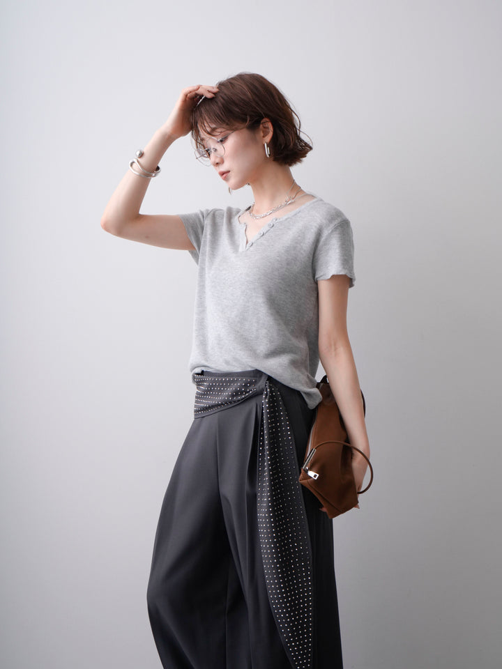 [SET]チュールレーヤードヘンリーフレンチニットトップス+ビジューベルトタックワイドパンツ(2set)