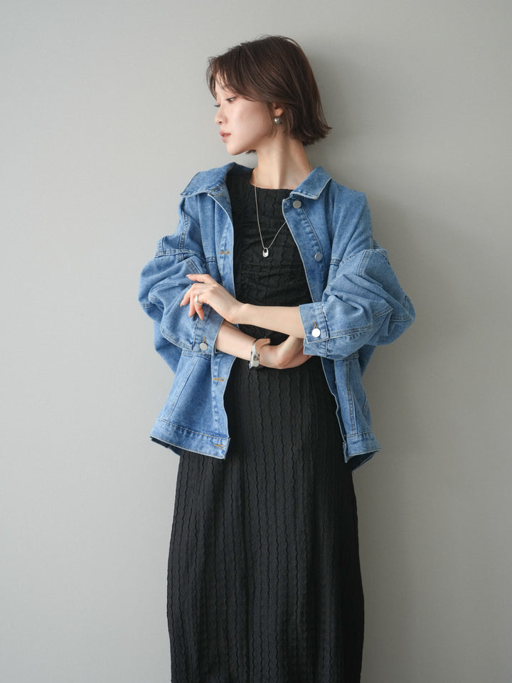[SET]シャーリングジャガードノースリーブワンピース+ルーズシルエットデニムジャケット(2set)