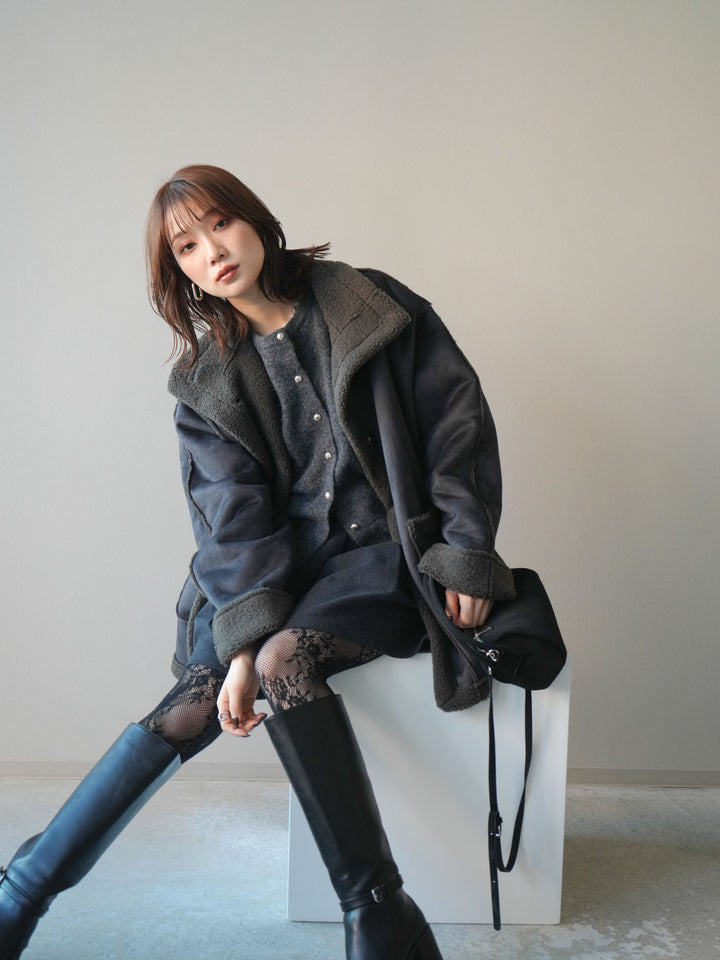 [SET]スタンドネックフェイクムートンミディアムコート+ベルト付きタックミニスカート(2set)