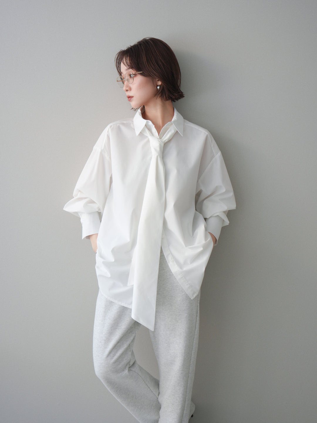 [予約]ボウタイ付オーバーシャツ/white