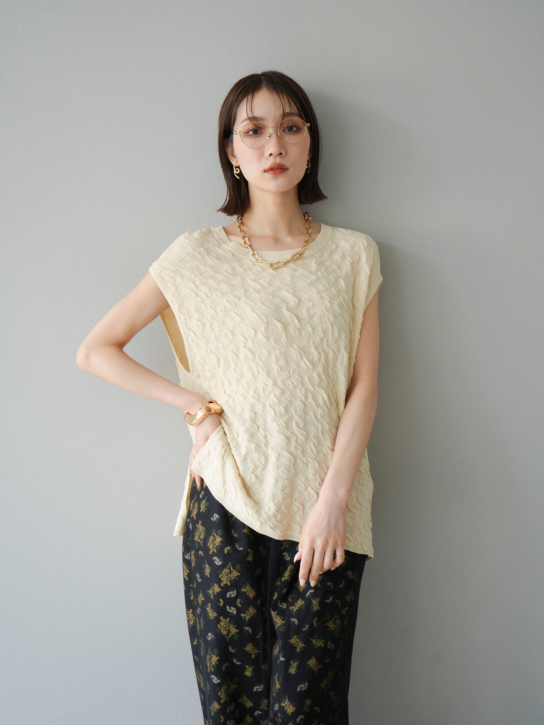 [SET]ポコポコノースリーブニットプルオーバー+コード刺繍チュールレイヤードパンツ(2set)