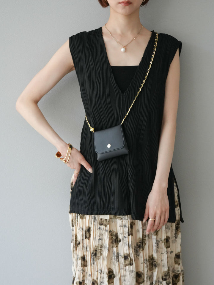 [SET]ウェーブパイピングVネックベスト+フラワーワッシャーロングスカート(2set)