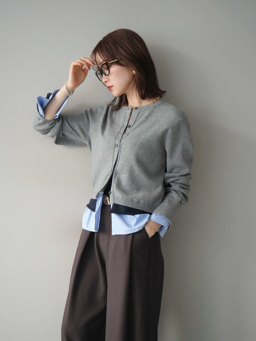 [予約]シャツ襟レイヤードニットカーディガン/gray