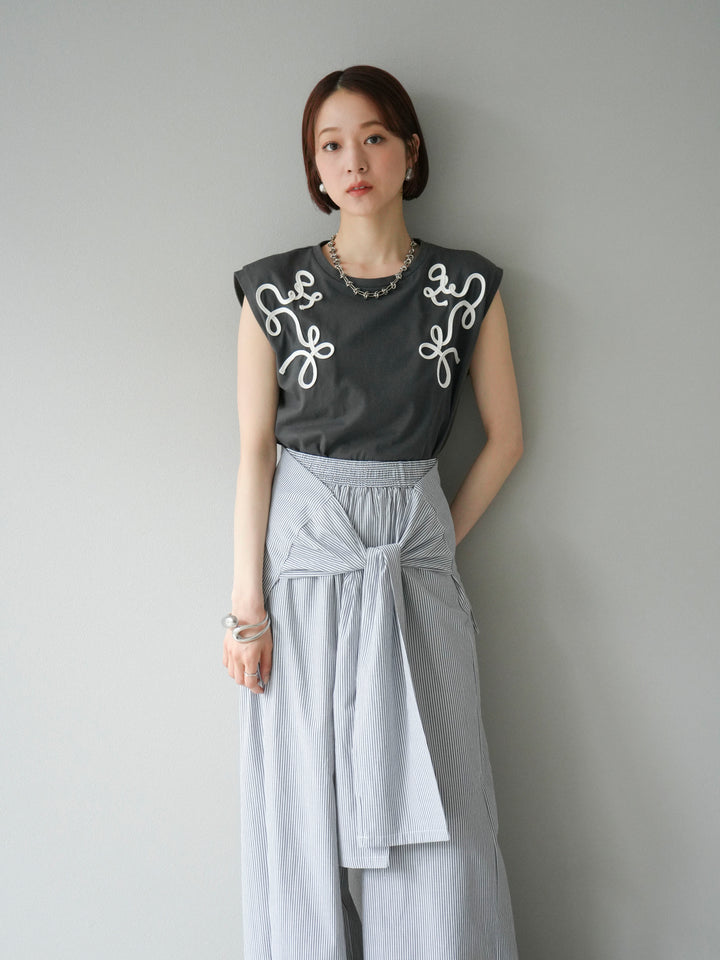 [SET]コード刺繍フレンチスリーブTシャツ+ウエスト巻きストライプイージーパンツ(2set)