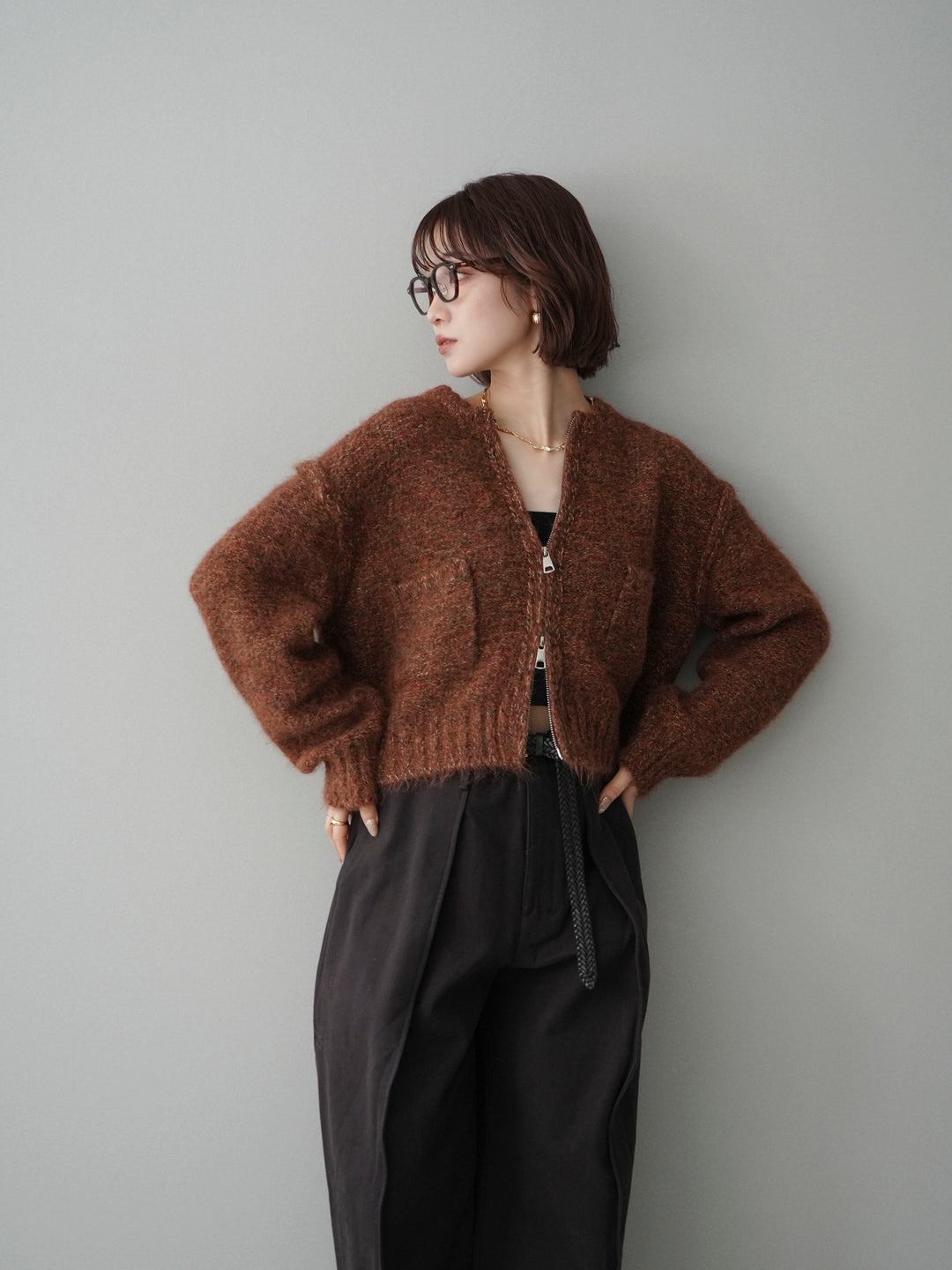 [予約]ミックスヤーンダブルZIPニットカーディガン/brown