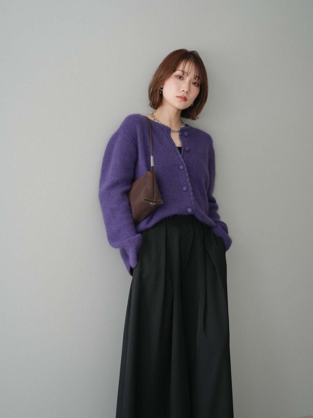 [SET]くるみボタンニットカーディガン+テープベルトタックバギーパンツ(2set)