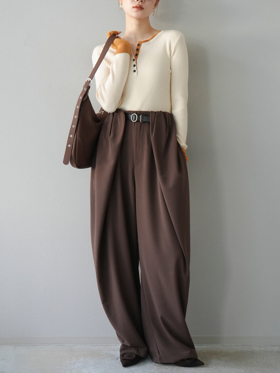 [3]ヘンリーネック配色リブニットトップス/アイボリー