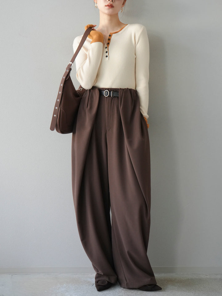 [3]ヘンリーネック配色リブニットトップス/アイボリー