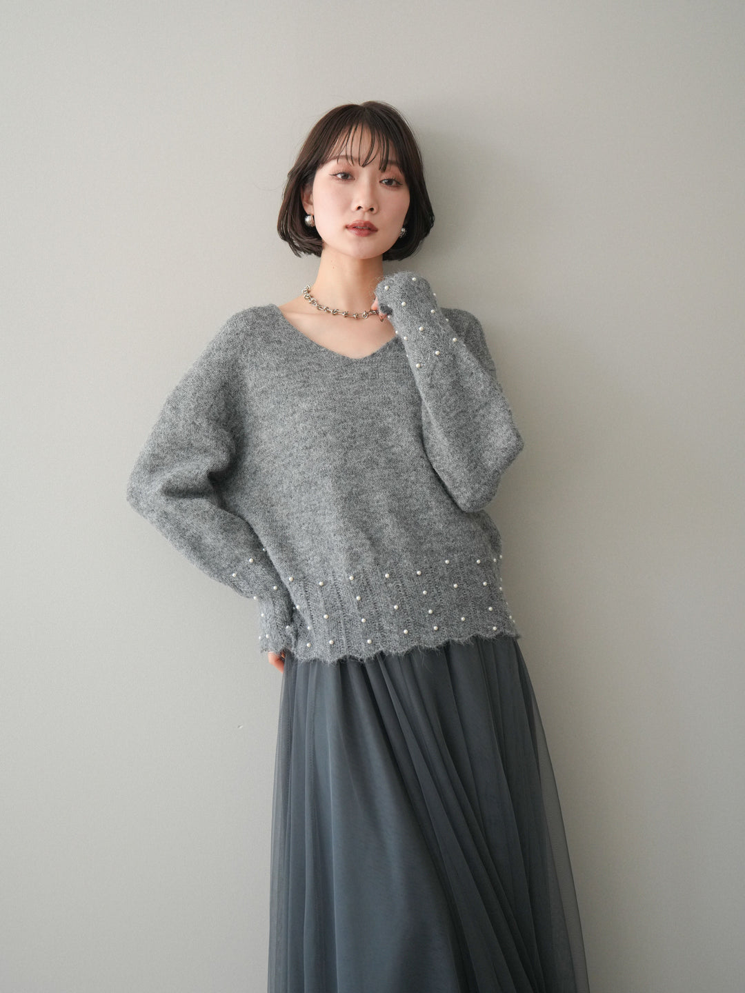 [SET]パールフリルリブヘムニットプルオーバー+チュールボリュームスカート(2set)