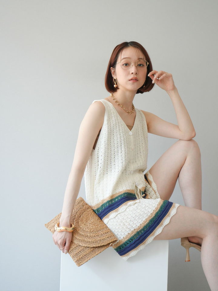 [SET]裾マルチボーダーニットベスト＆ショートパンツ SET UP(2set)