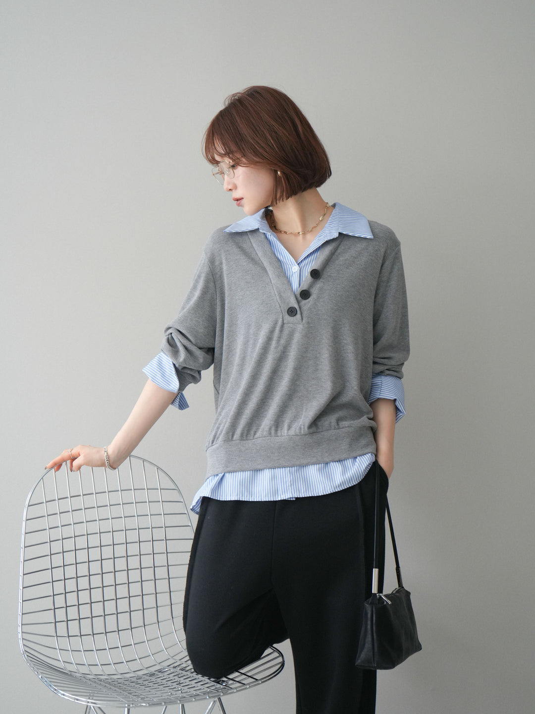 [予約]シャツレイヤードデザインカットプルオーバー/lightgray
