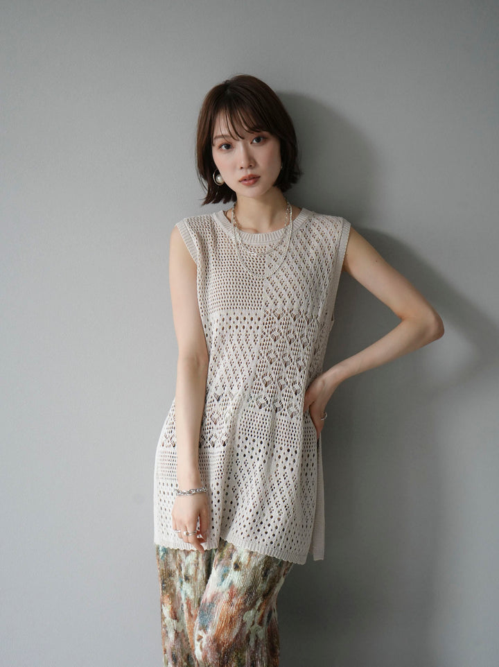 [Pre-order] Openwork side slit knit top/ivory