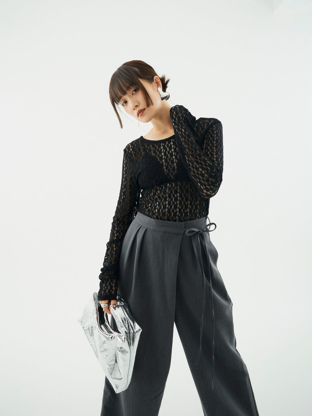 【Allure】[SET]バックラウンドレーストップス+ラップデザインタックワイドパンツ(2set)