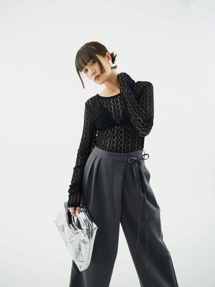 【Allure】[SET]バックラウンドレーストップス+ラップデザインタックワイドパンツ(2set)