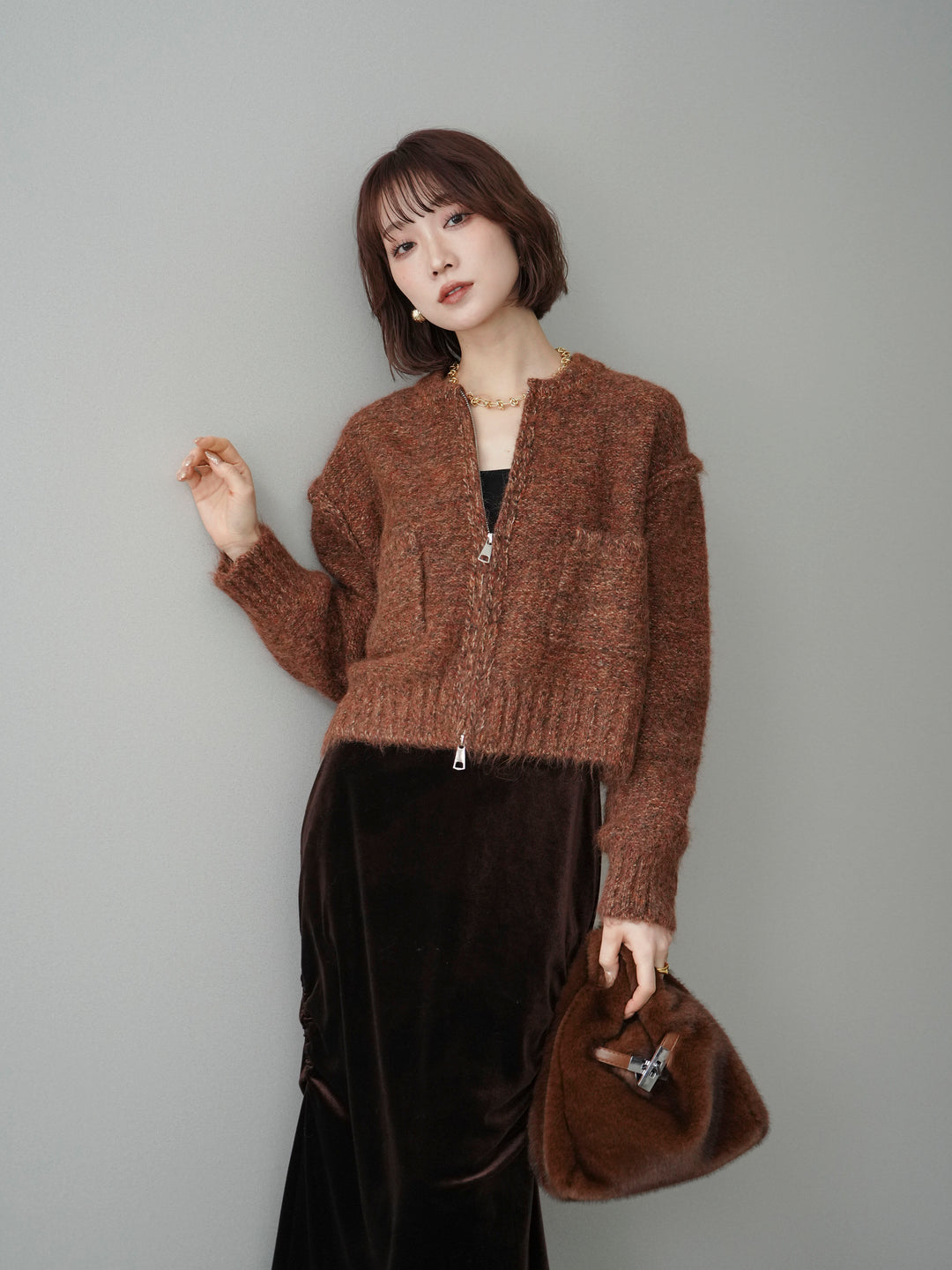 [予約]ミックスヤーンダブルZIPニットカーディガン/brown