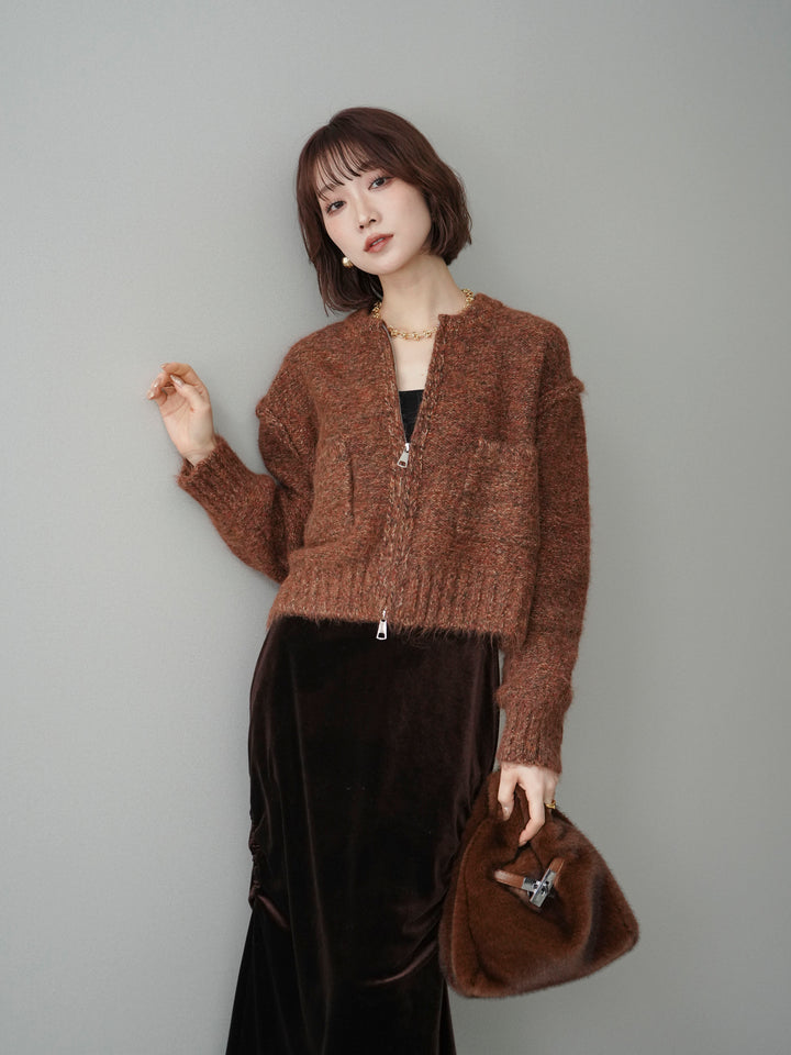 [予約]ミックスヤーンダブルZIPニットカーディガン/brown
